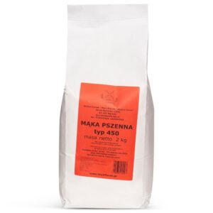 Opakowanie mąki pszennej typ 450, 2 kg, z etykietą w języku polskim na białym tle.