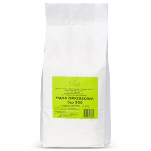 Opakowanie mąki orkiszowej typ 500, masa netto 2 kg, z zieloną etykietą.