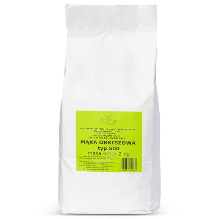 Opakowanie mąki orkiszowej typ 500, masa netto 2 kg, z zieloną etykietą.