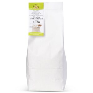 Opakowanie mąki orkiszowej typ 1850 z etykietą młyna Florek na białym tle.