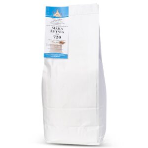 Opakowanie mąki żytniej typ 720 marki Młyn Florek, 1 kg, z białą etykietą i niebieskimi detalami.