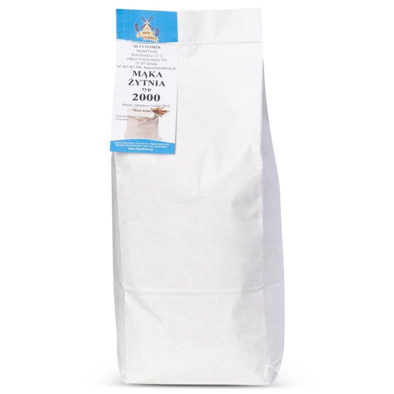 Opakowanie mąki żytniej typ 2000 od Młyn Florów. Biała, papierowa torba z niebieską etykietą.