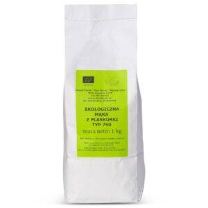 Ekologiczna mąka z płaskurki, typ 750, 1 kg, opakowanie papierowe z zieloną etykietą.