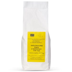 Opakowanie ekologicznej mąki z samopszy typ 750, 0,7 kg, z żółtą etykietą informacyjną.