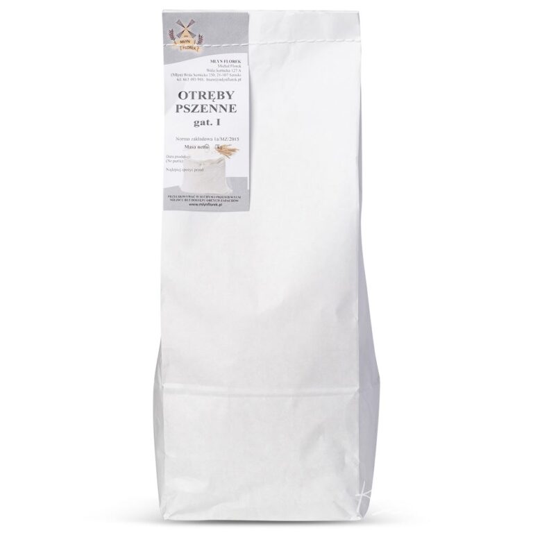 Opakowanie otrębów pszennych gat. I w białej torbie papierowej z etykietą producenta.