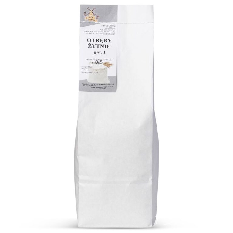 Opakowanie otrębów żytnich gatunek I, 0.5 kg, Młyn Fumex, biała torebka z etykietą.