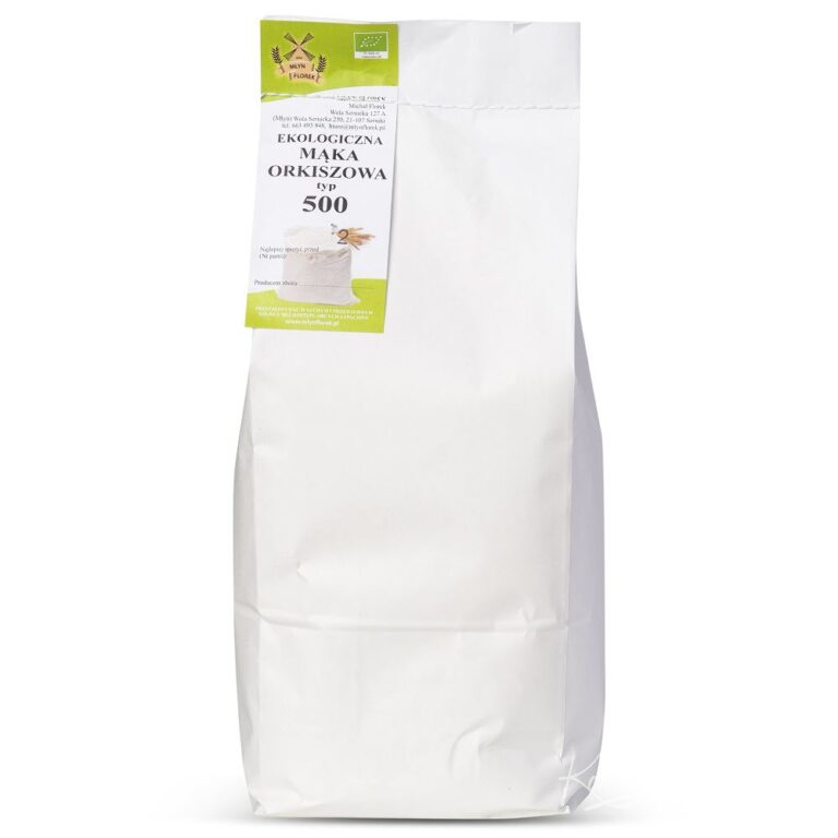 Ekologiczna mąka orkiszowa typ 500 w białej torbie z zieloną etykietą. Idealna do zdrowego pieczenia.