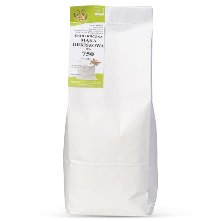 Opakowanie ekologicznej mąki orkiszowej typ 750, Młyn Florek, białe opakowanie z zieloną etykietą.