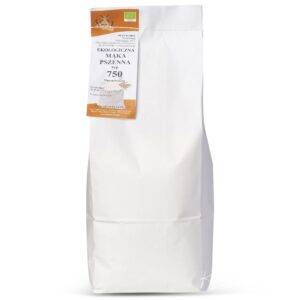 Opakowanie ekologicznej mąki pszennej typ 750, 2 kg, z etykietą w białej torbie.