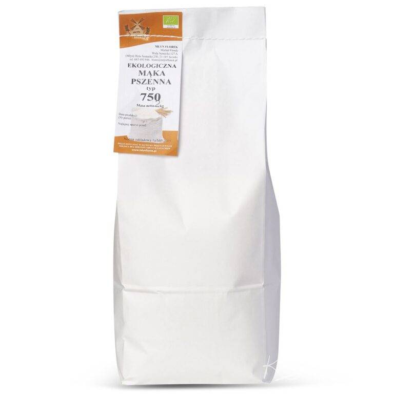 Opakowanie ekologicznej mąki pszennej typ 750, 2 kg, z etykietą w białej torbie.