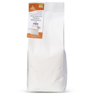 Ekologiczna mąka pszenna typ 500 w białym opakowaniu, z etykietą Młyn Olbrak, certyfikat ekologiczny.