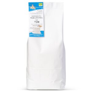 Ekologiczna mąka żytnia typ 720 w białym opakowaniu marki Młyn Kłosów.