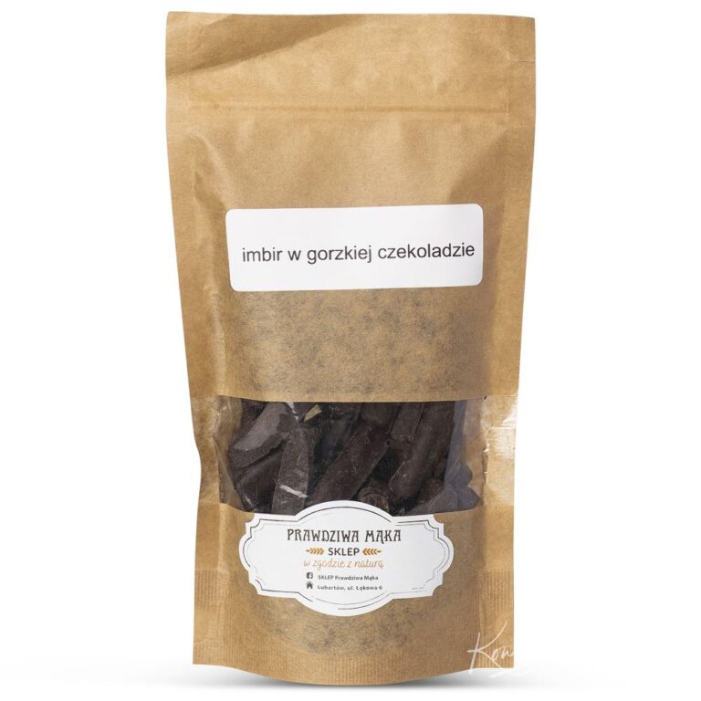 Opakowanie z imbirem w gorzkiej czekoladzie, produkt ekologiczny od Prawdziwa Mąka, w papierowej torebce.