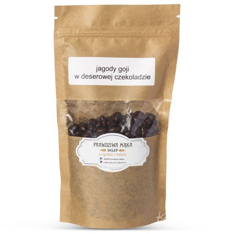 Opakowanie jagód goji w deserowej czekoladzie od Prawdziwa Mąka Sklep, brązowa torba z okienkiem.