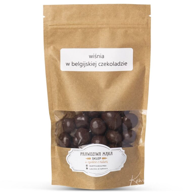 Opakowanie z wiśniami w belgijskiej czekoladzie, widok z przodu, brązowy papierowy woreczek, etykieta informacyjna.