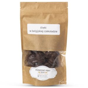 Brązowa torba z suszonymi śliwkami oblanymi belgijską czekoladą, logo Prawdziwa Mąka.