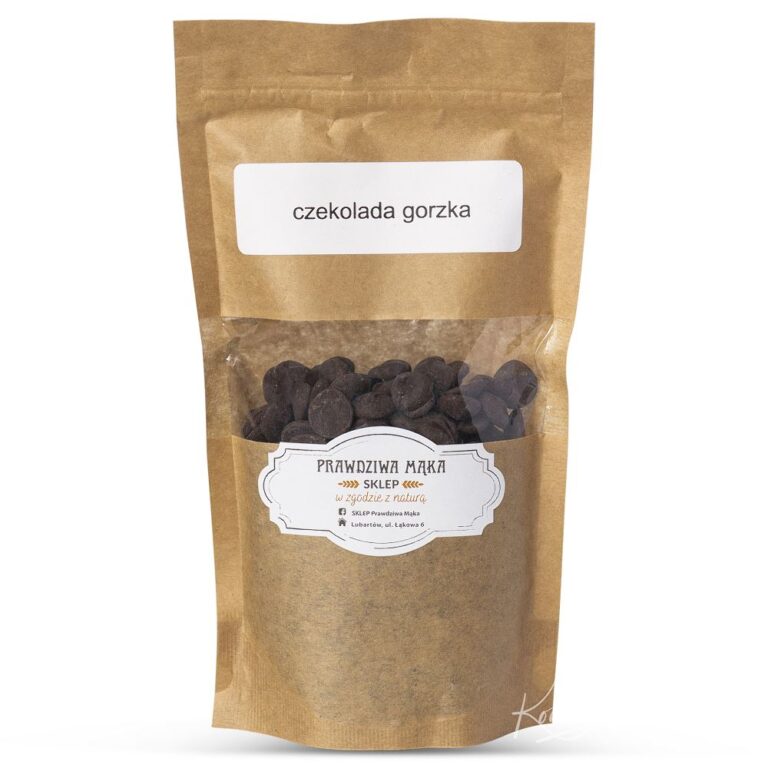 Brązowa torebka z czekoladą gorzką Prawdziwa Mąka z przezroczystym okienkiem.