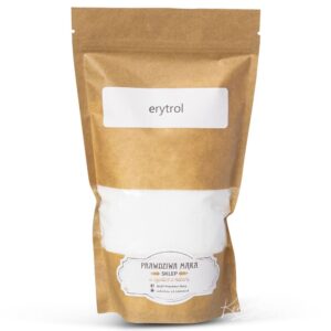 Brązowa torba erytrolu od Prawdziwa Mąka, ekologiczny zamiennik cukru w naturalnym opakowaniu.