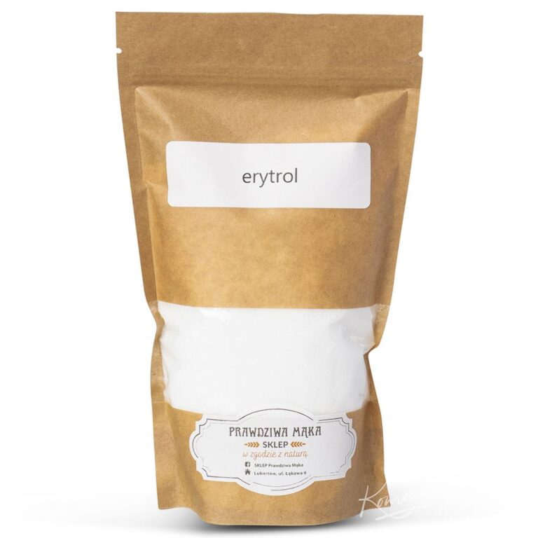 Brązowa torba erytrolu od Prawdziwa Mąka, ekologiczny zamiennik cukru w naturalnym opakowaniu.
