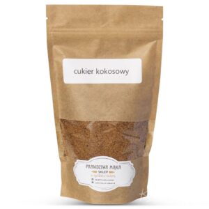 Brązowy cukier kokosowy w opakowaniu papierowym z etykietą, produkt ekologiczny z polskiego sklepu.