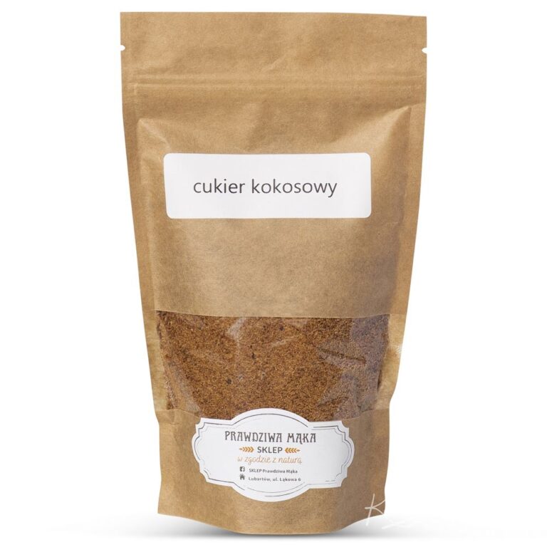 Brązowy cukier kokosowy w opakowaniu papierowym z etykietą, produkt ekologiczny z polskiego sklepu.