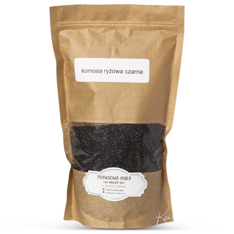 Opakowanie czarnej komosy ryżowej w brązowej torebce z etykietą, 1000g. Produkt zdrowy i naturalny.