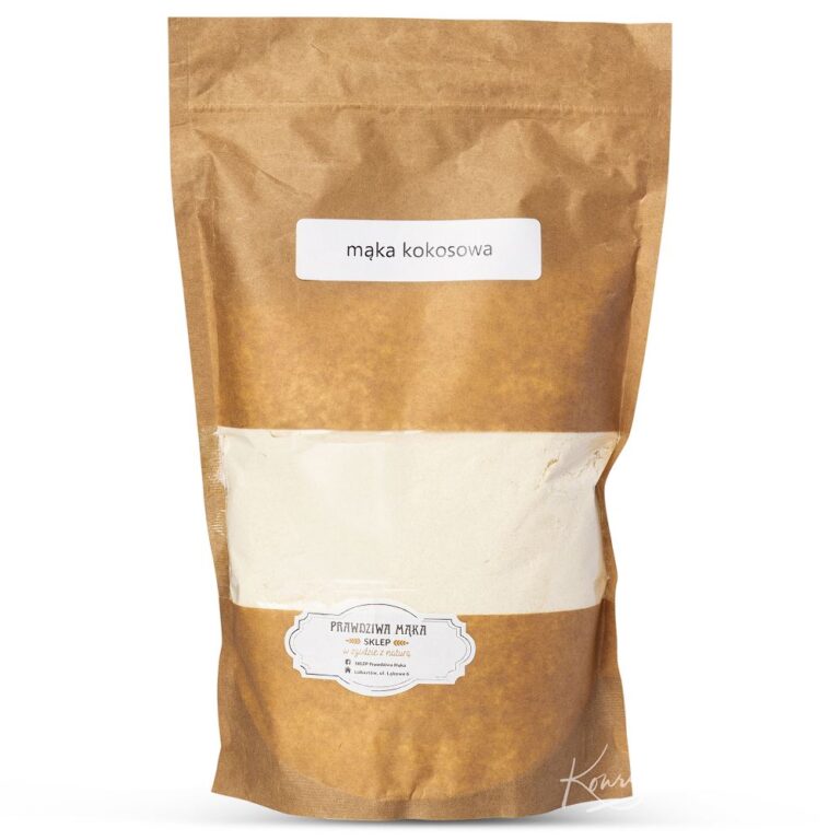 Brązowa torebka z mąką kokosową, etykieta Prawdziwa Mąka, opakowanie ekologiczne.