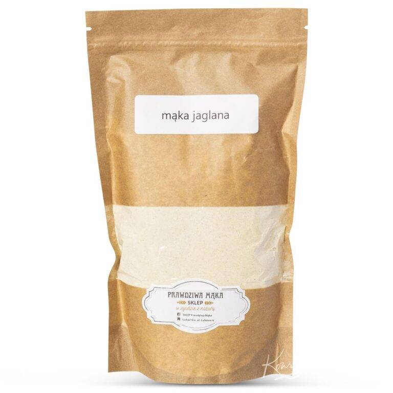 Brązowe opakowanie z mąką jaglaną Prawdziwa Mąka z naturalnymi składnikami, w zgodzie z naturą.