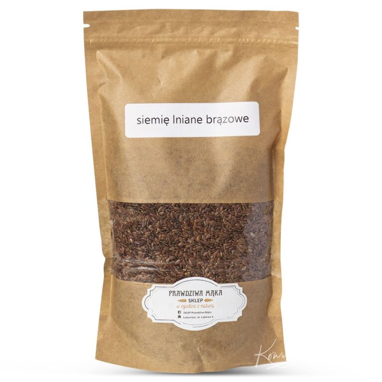 Brązowe siemię lniane w ekologicznym opakowaniu papierowym z okienkiem i etykietą w stylu retro.