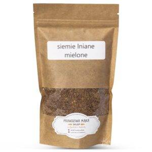 Brązowa torebka z etykietą siemię lniane mielone ze sklepu Prawdziwa Mąka, zawiera zmielone nasiona lnu.