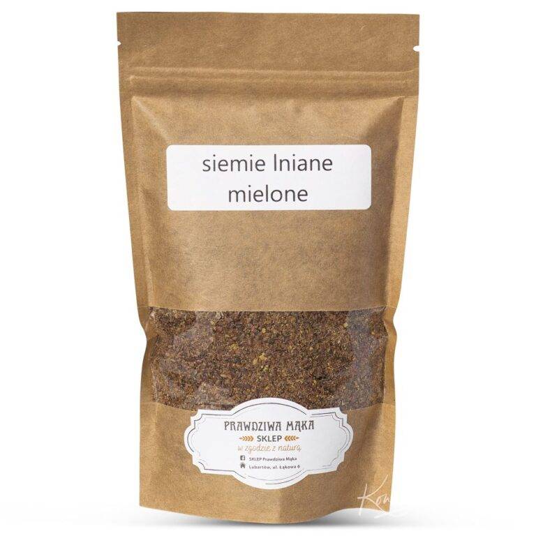 Brązowa torebka z etykietą siemię lniane mielone ze sklepu Prawdziwa Mąka, zawiera zmielone nasiona lnu.