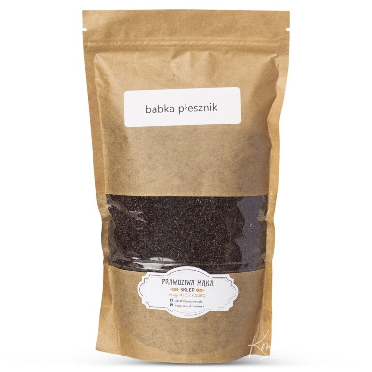Brązowa papierowa torba z nasionami babki płesznika, etykieta z nazwą produktu, producent: Prawdziwa Mąka.