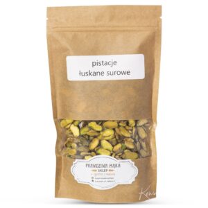 Brązowa torba z surowymi łuskanymi pistacjami, etykieta pistacje łuskane surowe. Eko opakowanie z okienkiem.