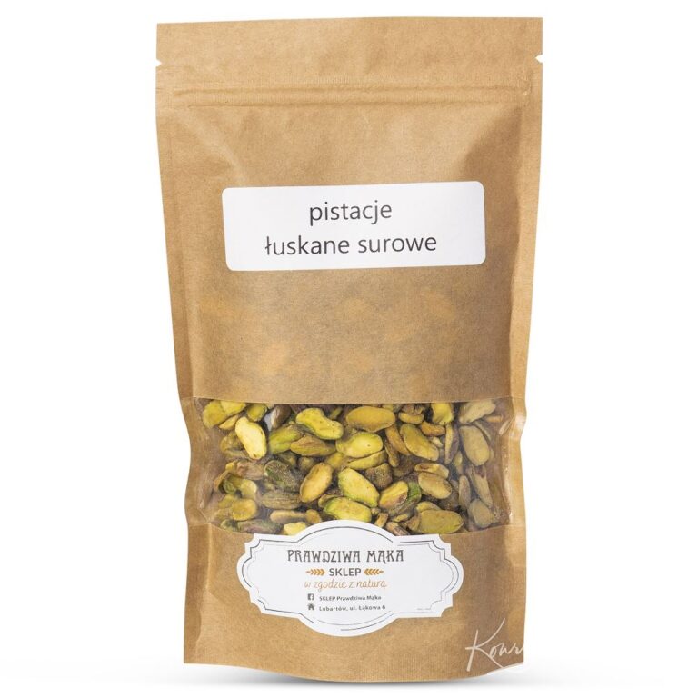 Brązowa torba z surowymi łuskanymi pistacjami, etykieta pistacje łuskane surowe. Eko opakowanie z okienkiem.