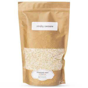 Brązowa torba z napisem otręby owsiane, zawierająca zdrowe płatki owsiane, odpowiednie do zdrowej diety.