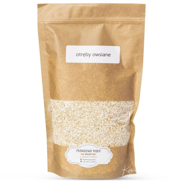 Brązowa torba z napisem otręby owsiane, zawierająca zdrowe płatki owsiane, odpowiednie do zdrowej diety.