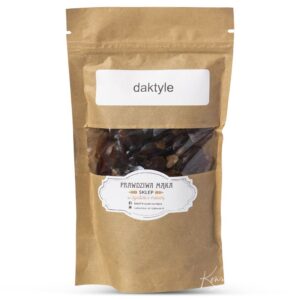 Brązowy worek z daktylami od „Prawdziwa Mąka z etykietą, naturalne suszone owoce.