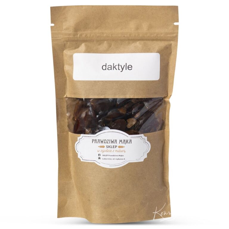 Brązowy worek z daktylami od „Prawdziwa Mąka z etykietą, naturalne suszone owoce.