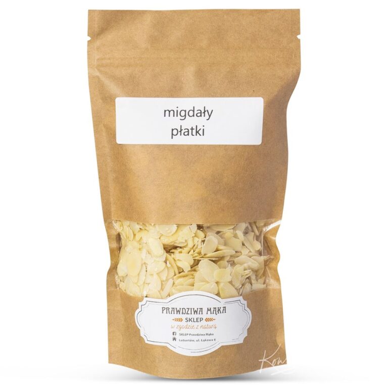 Opakowanie płatków migdałowych w brązowej torebce z etykietą migdały płatki.