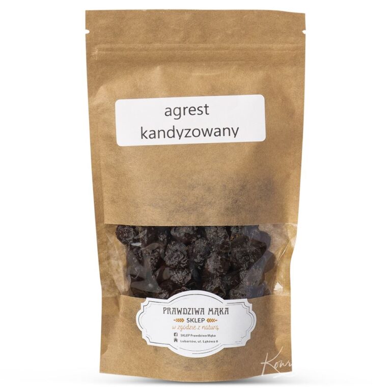 Opakowanie agrestu kandyzowanego, produkt marki Prawdziwa Mąka, ekologiczne opakowanie z okienkiem.