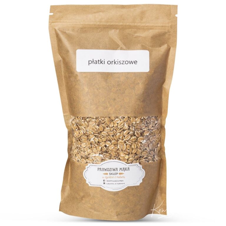 Opakowanie płatków orkiszowych w papierowej torbie z przezroczystym okienkiem, etykieta i logo Prawdziwa Mąka.