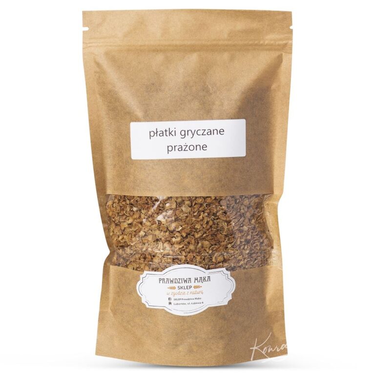 Brązowa torebka zawierająca prażone płatki gryczane z etykietą płatki gryczane prażone.