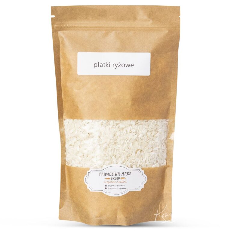 Brązowa torebka z płatkami ryżowymi, etykieta z napisem Prawdziwa Mąka Sklep.