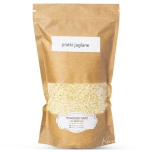 Opakowanie płatków jaglanych w ekologicznym worku kraftowym z etykietą Prawdziwa Mąka.