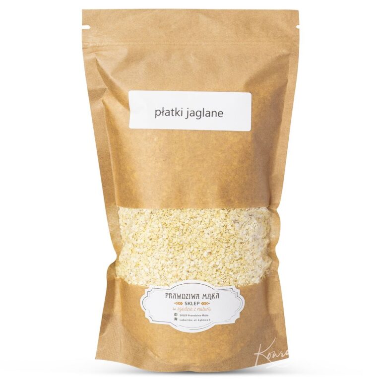Opakowanie płatków jaglanych w ekologicznym worku kraftowym z etykietą Prawdziwa Mąka.