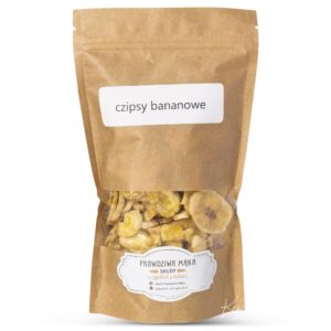 Opakowanie z czipsami bananowymi w brązowej torbie z przezroczystym okienkiem i etykietą.