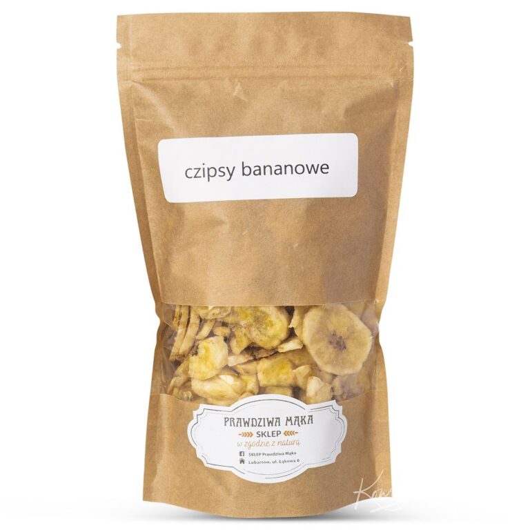 Opakowanie z czipsami bananowymi w brązowej torbie z przezroczystym okienkiem i etykietą.