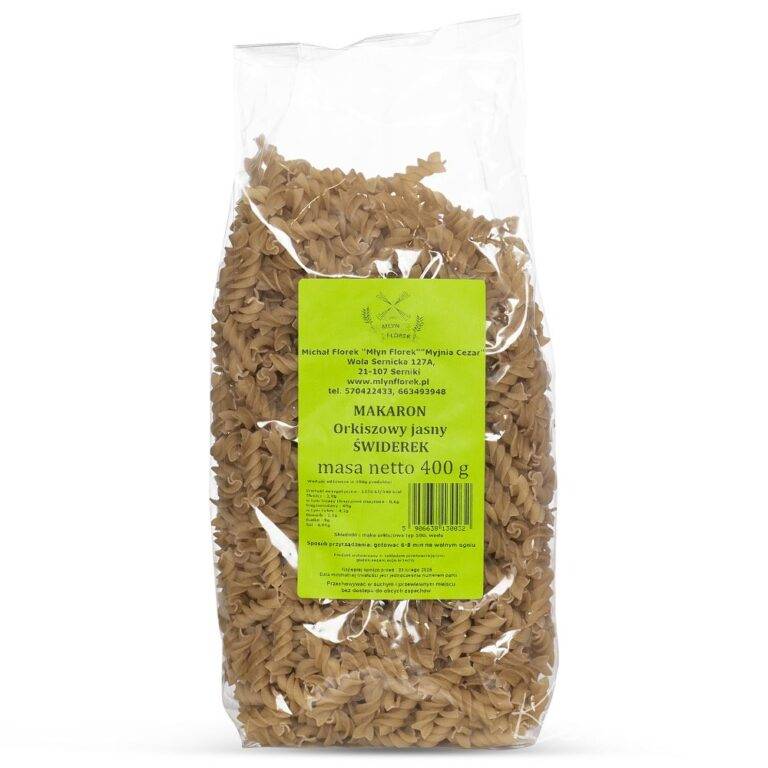 Opakowanie makaronu orkiszowego świderki 400 g marki Młyn Florek w przezroczystej torbie z zieloną etykietą.
