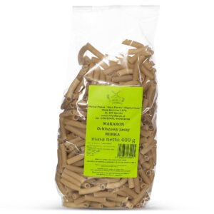 Opakowanie makaronu orkiszowego jasnego, rurka, 400 g, marki Młyn Florek z zieloną etykietą.