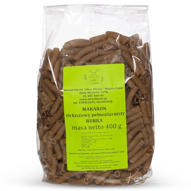 Opakowanie makaronu orkiszowego pełnoziarnistego, 400 g, od Młyn Florek.